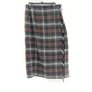 Studio Works Wool Blend Brown Tartan Plaid Fringe Wrap Midi Skirt Size 12 Petite